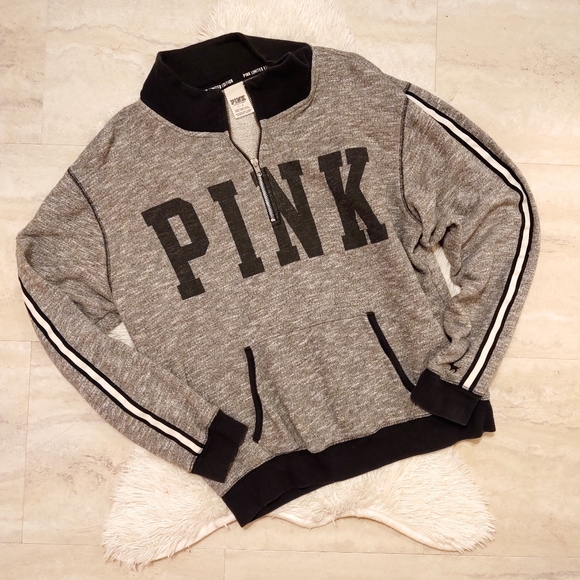 PINK Victoria's Secret Tops - PINK Quarter Zip Hoodie Black White Striped